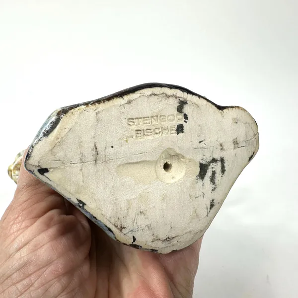 Base detail showing Stengods Lerberget maker stamp, studio label, weathered cream surface, mounting point