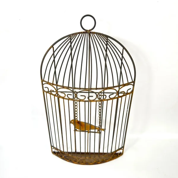 Birdcage wall art close-up showing ornamental band details, radiating wire lines, and oxidized metal patina