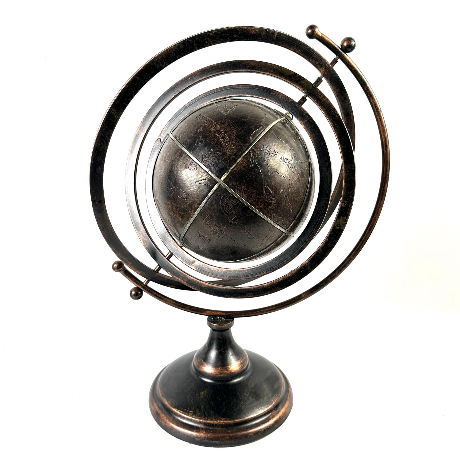 Bronze armillary globe sculpture with movable orbital rings and engraved continents, front-facing view on weighted base
