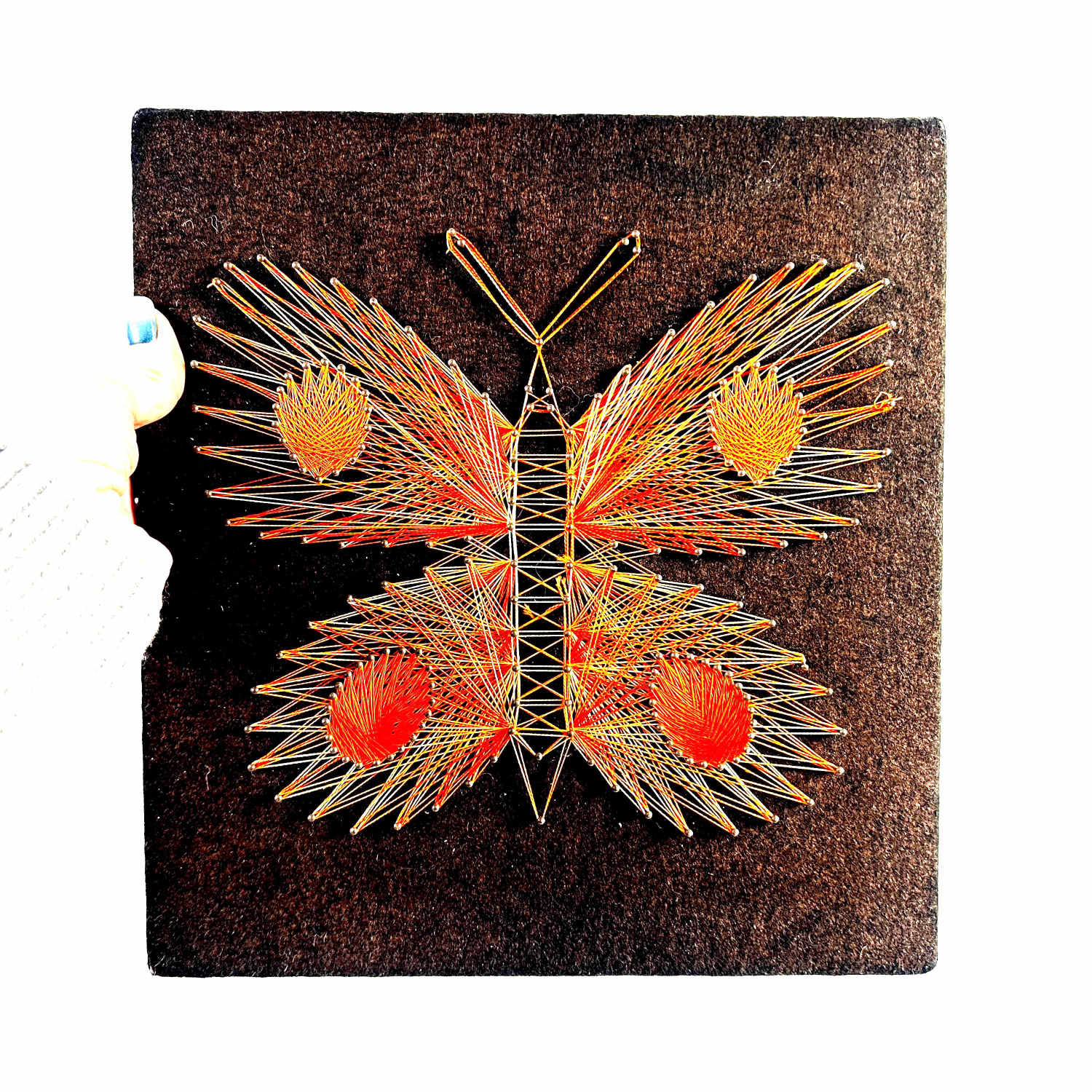 Butterfly string art piece displayed with subtle shadow showing board texture and thread relief