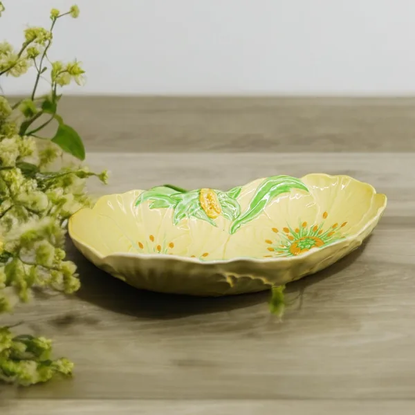 Carlton Ware Buttercup bowl styled with dried flowers on wooden surface, yellow ceramic dish with vintage kitchen décor conte