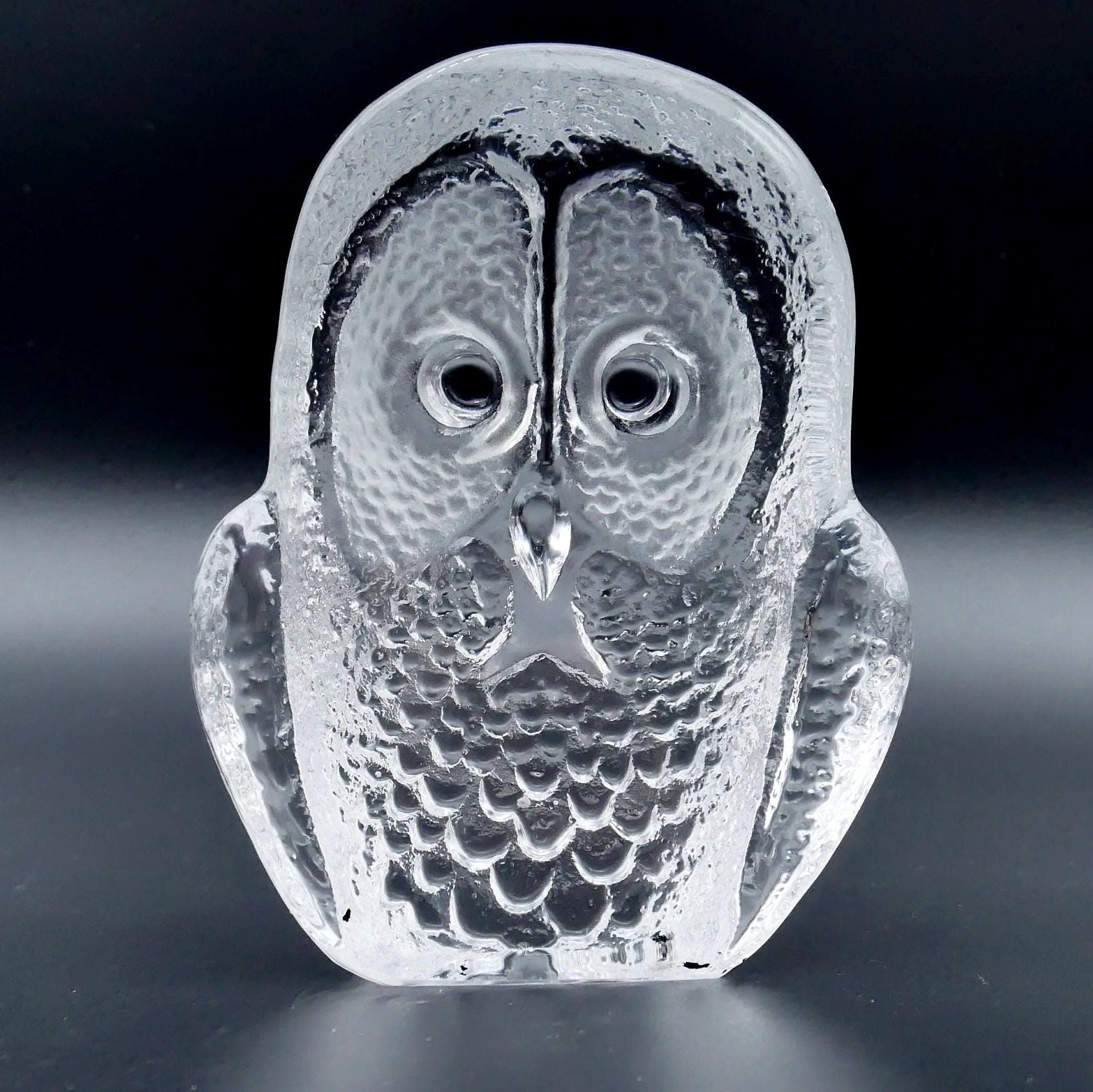 Clear glass owl paperweight displayed front-center, showing complete feather detail carving and penetrating facial expression