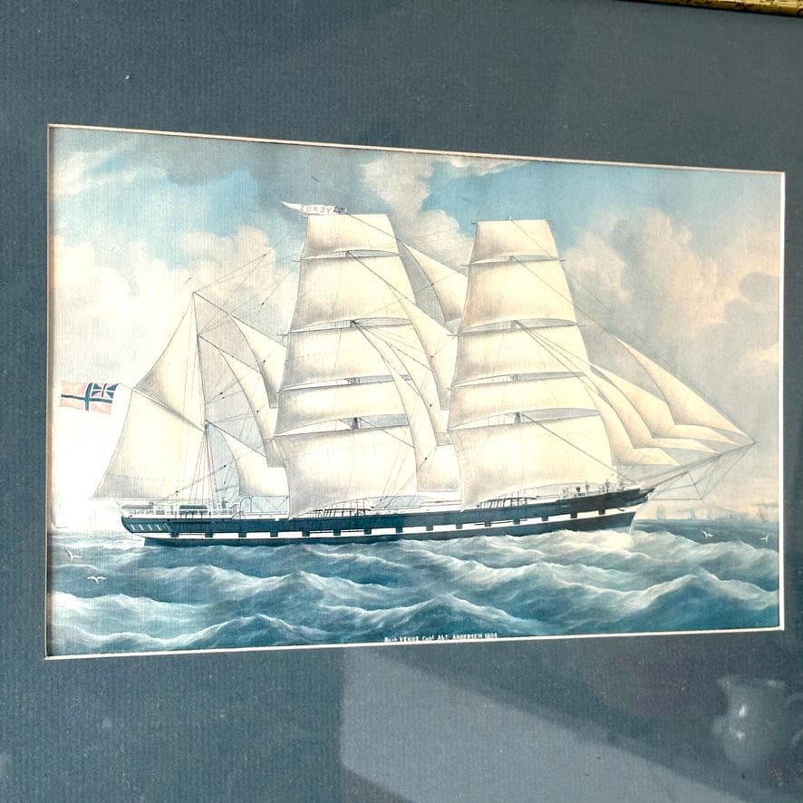 Close-up of barque VENUS ship print showing rigging detail, cream-colored sails, and dark hull against blue-green ocean