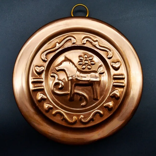 Copper Dala Horse mold with deep relief detail, brass ring, museum-quality vintage condition
