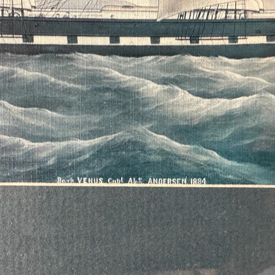 Detail of ocean waves and ship hull lower portion of barque VENUS print, showing wave texture and water color gradations