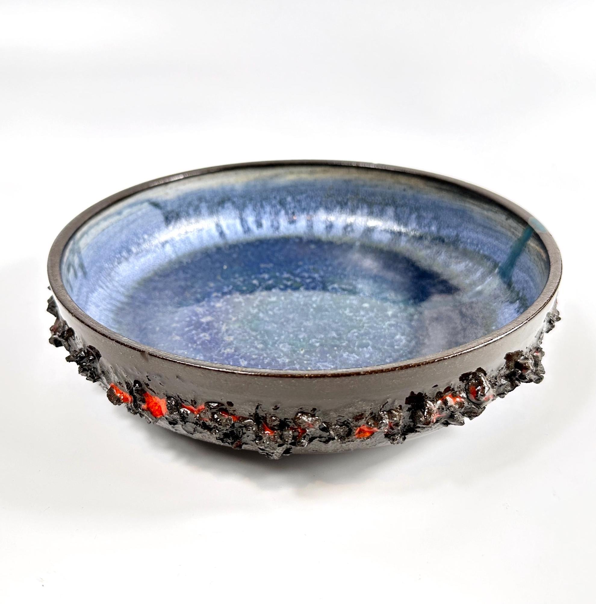 Glit of Iceland vintage lava bowl, 1960s, blue glazed interior with brutalist brown and red textured exterior rim