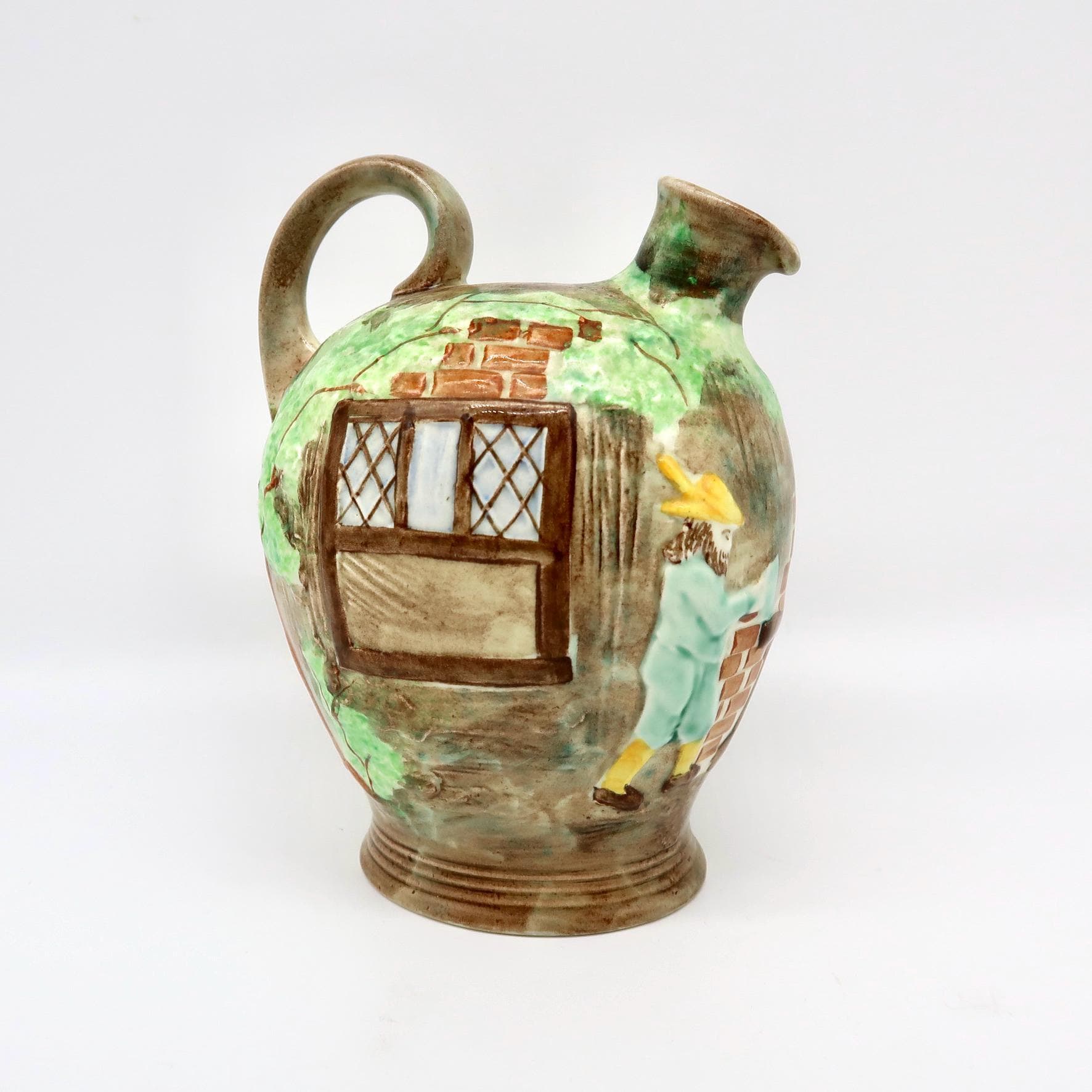 H.J. Wood Ltd. cottageware jug, 1930s English ceramic pitcher with hand-painted relief cottage scene, green ivy, brick detail