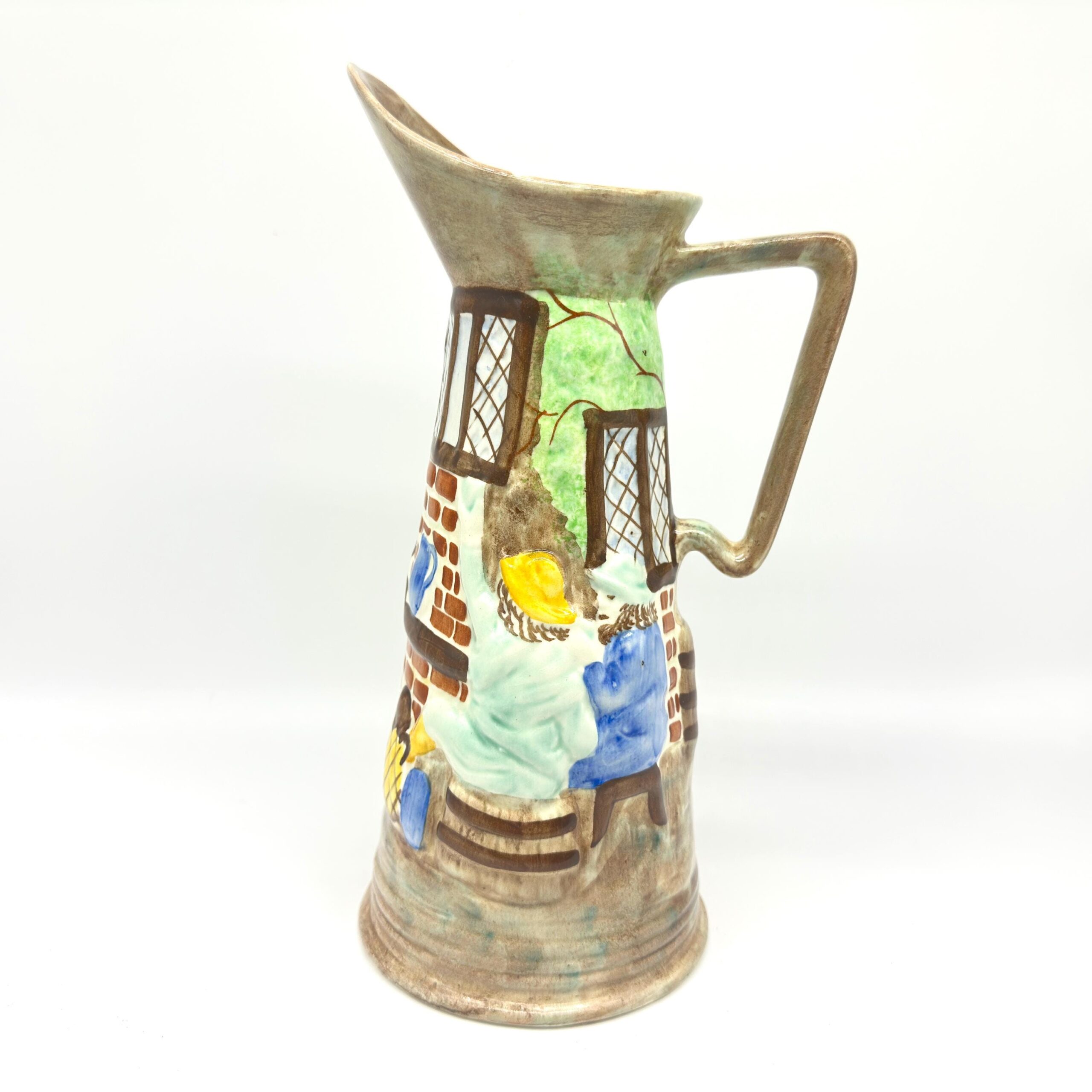 H. J. Wood vintage pottery jug with hand-painted English cottage tavern scene, relief ceramic design, circa 1930s