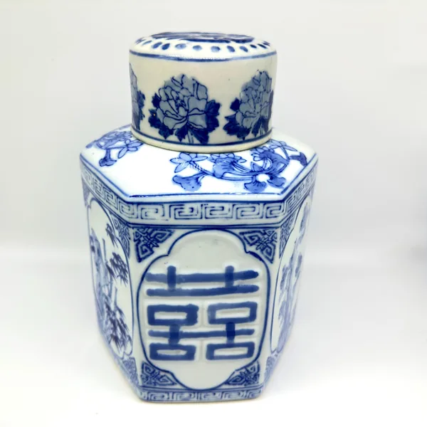 Hexagonal porcelain jar, blue and white design with Double Happiness motif centered on front panel