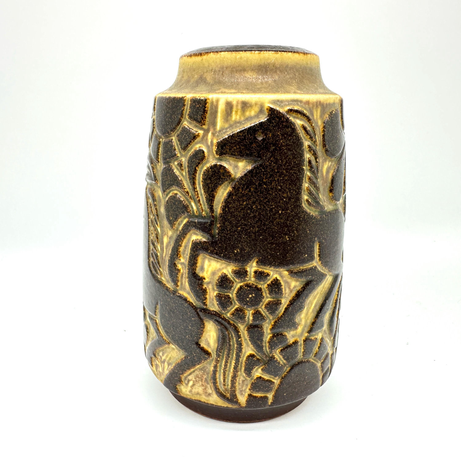 Michael Andersen 1970s Danish stoneware vase with carved horse relief and sun motif, matte beige with brown detailing