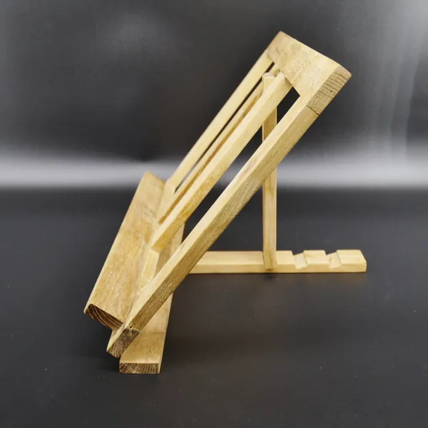 Natural wood stand side view, severely angled position, frame structure tilted, support leg prominently featured for balance