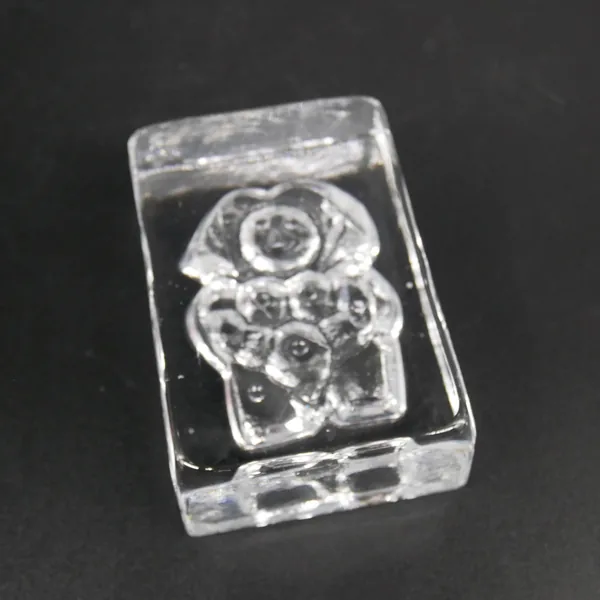 Overhead view of rectangular glass paperweight featuring engraved female form with visible top surface detail