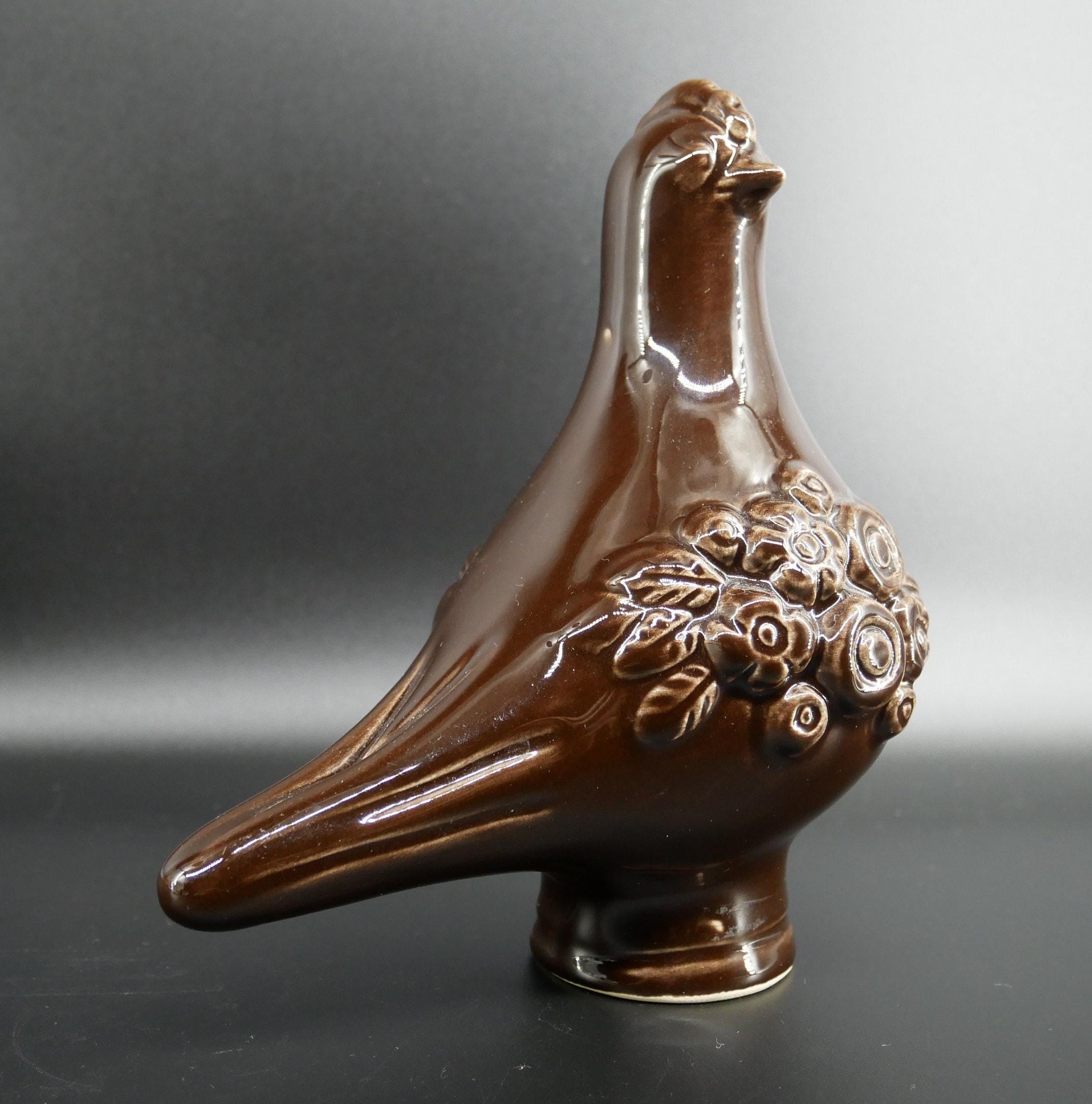 Rosa Ljung vintage ceramic bird, brown glazed with floral relief detail on body, Swedish handmade 1960s