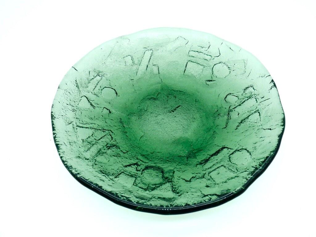 Ruda green glass dessert plate with maker symbols visible, Swedish mid-century tableware