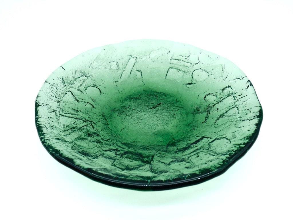 Ruda vintage green glass plate centered view highlighting raised texture pattern throughout