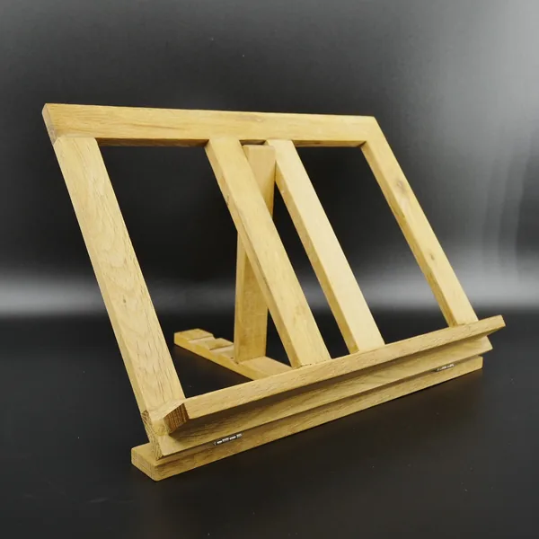 Scandinavian wooden book stand with dual adjustable frames, natural pine construction, front-angled view showing folding mech