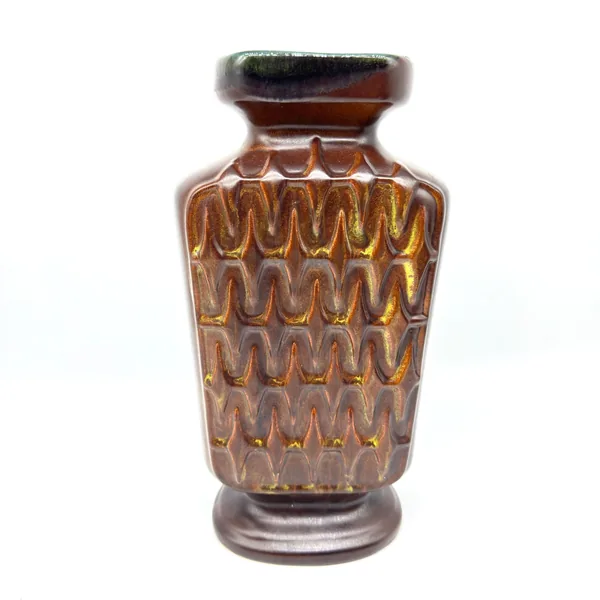 Scheurich 1250/28 West German pottery vase, 1970s, brown satin glaze with ochre chevron relief pattern and cobalt-blue rim
