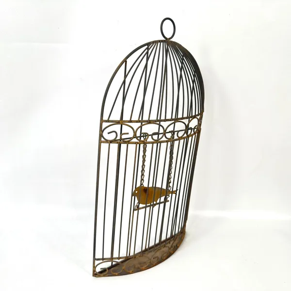 Side profile of metal half birdcage, showing curved dome silhouette and suspended bird position from side angle