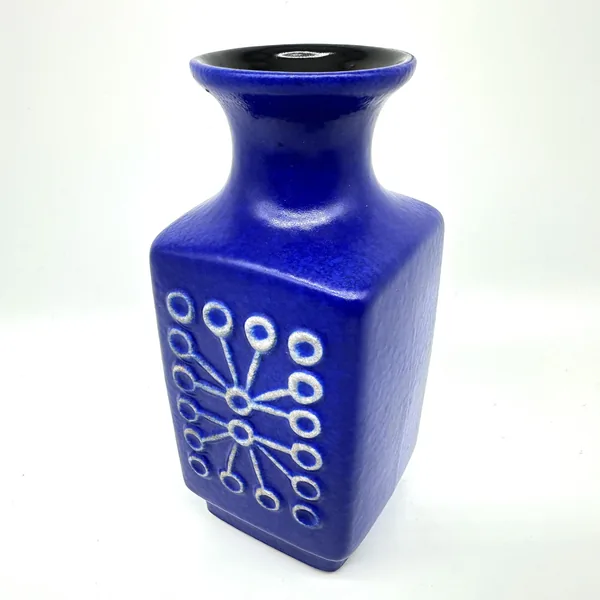 Sputnik vase full view showing cubic form, geometric motif, flared opening, and overall proportions