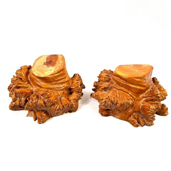Straight-on view of two burl wood bookends seated together, displaying warm amber tone and intricate root fiber carving detai