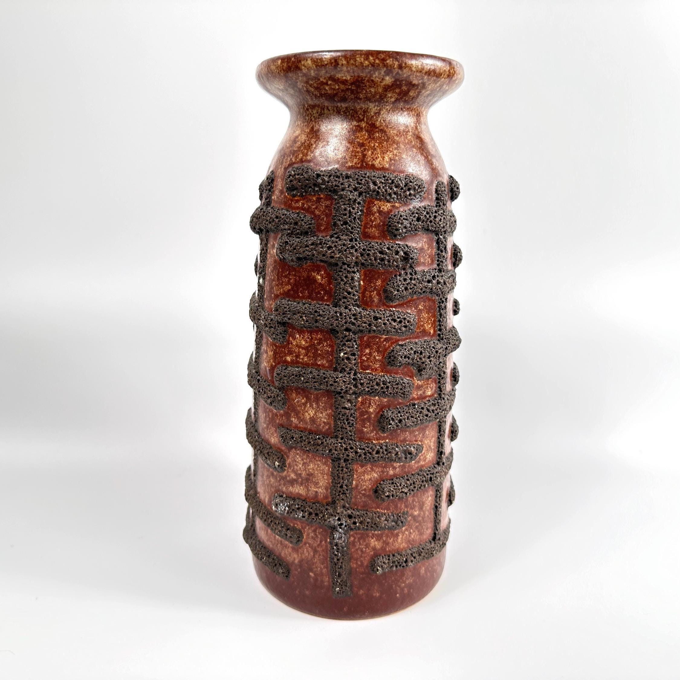Strehla fat lava ceramic vase, East German brutalist design with textured relief bands and warm rust patina
