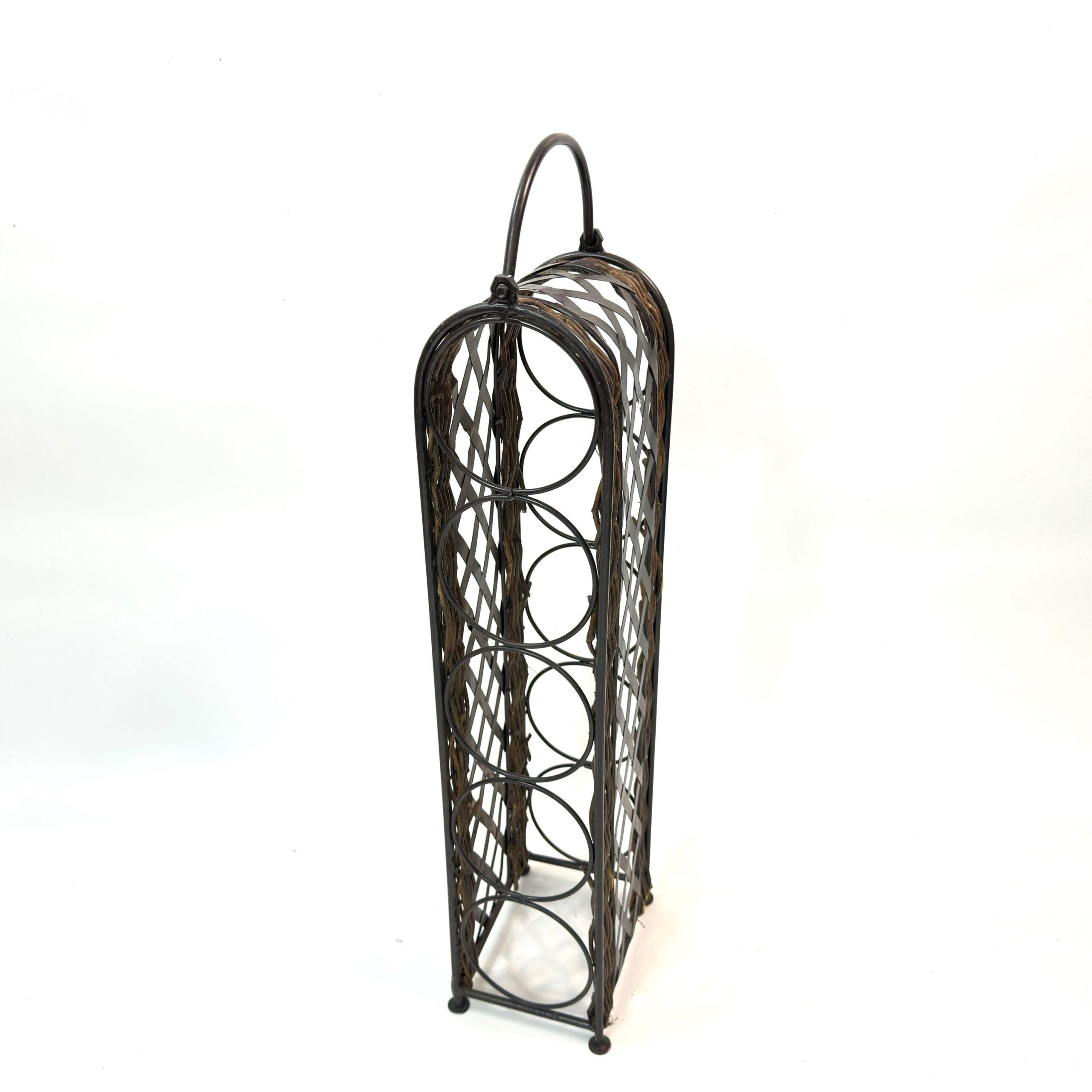 Three-quarter rear view of wrought iron wine rack showing interior support structure and back framework design