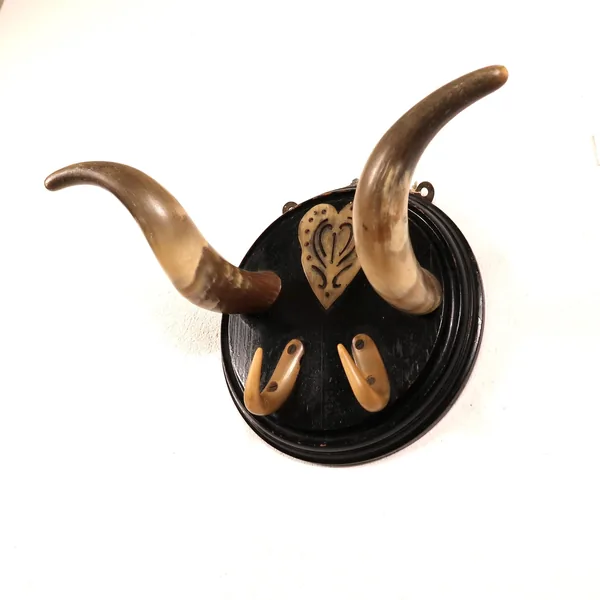 Three-quarter view of vintage Nordic horn coat rack with splayed bull horns, showing depth, horn texture, and bone hook place