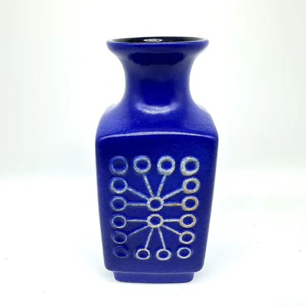 VEB Haldensleben Sputnik 308 1B blue ceramic cube vase with geometric relief pattern, front view