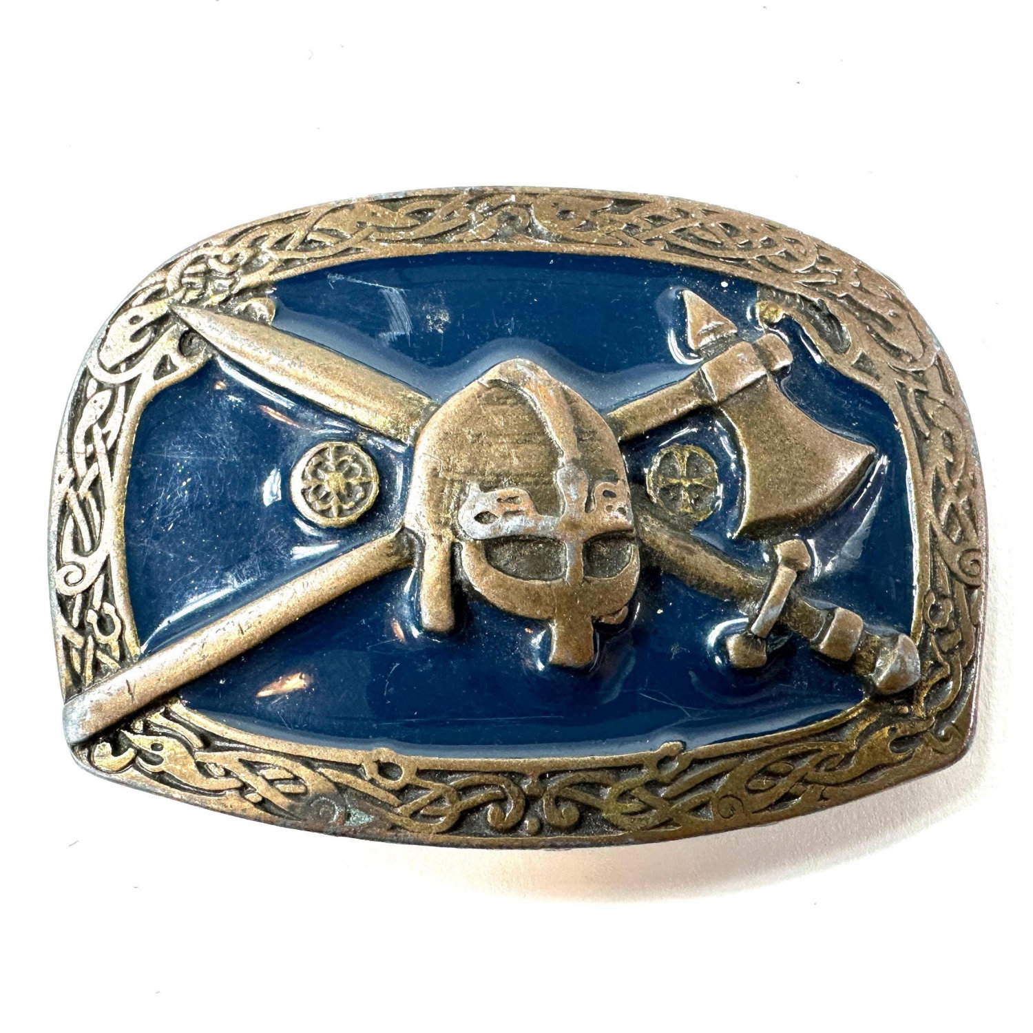 Vintage Viking belt buckle with bronze Norse helmet, crossed sword and axe on deep blue enamel, ornate Celtic border