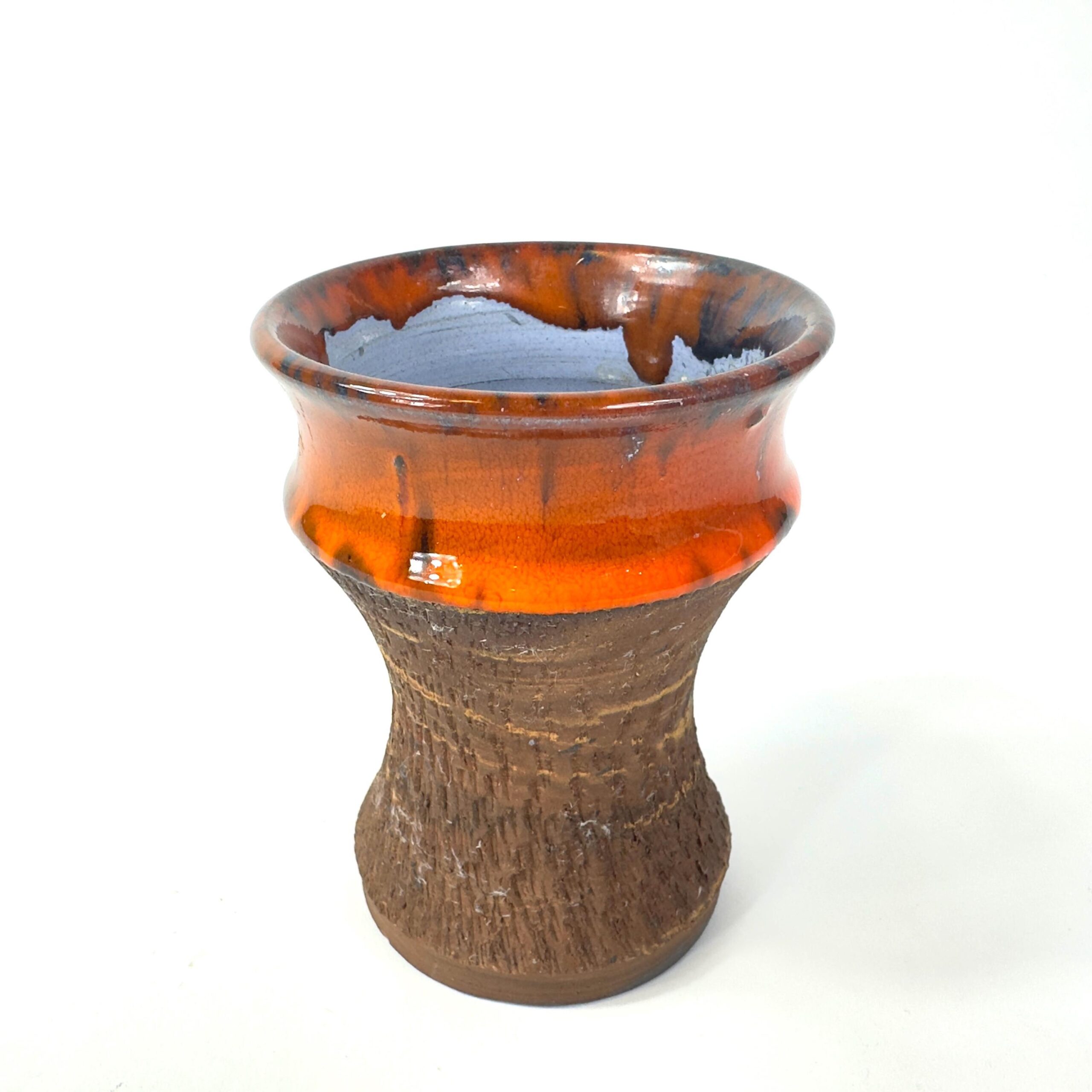Vintage 1970s Danish pottery vase full view showing complete form with all glaze elements and signed base