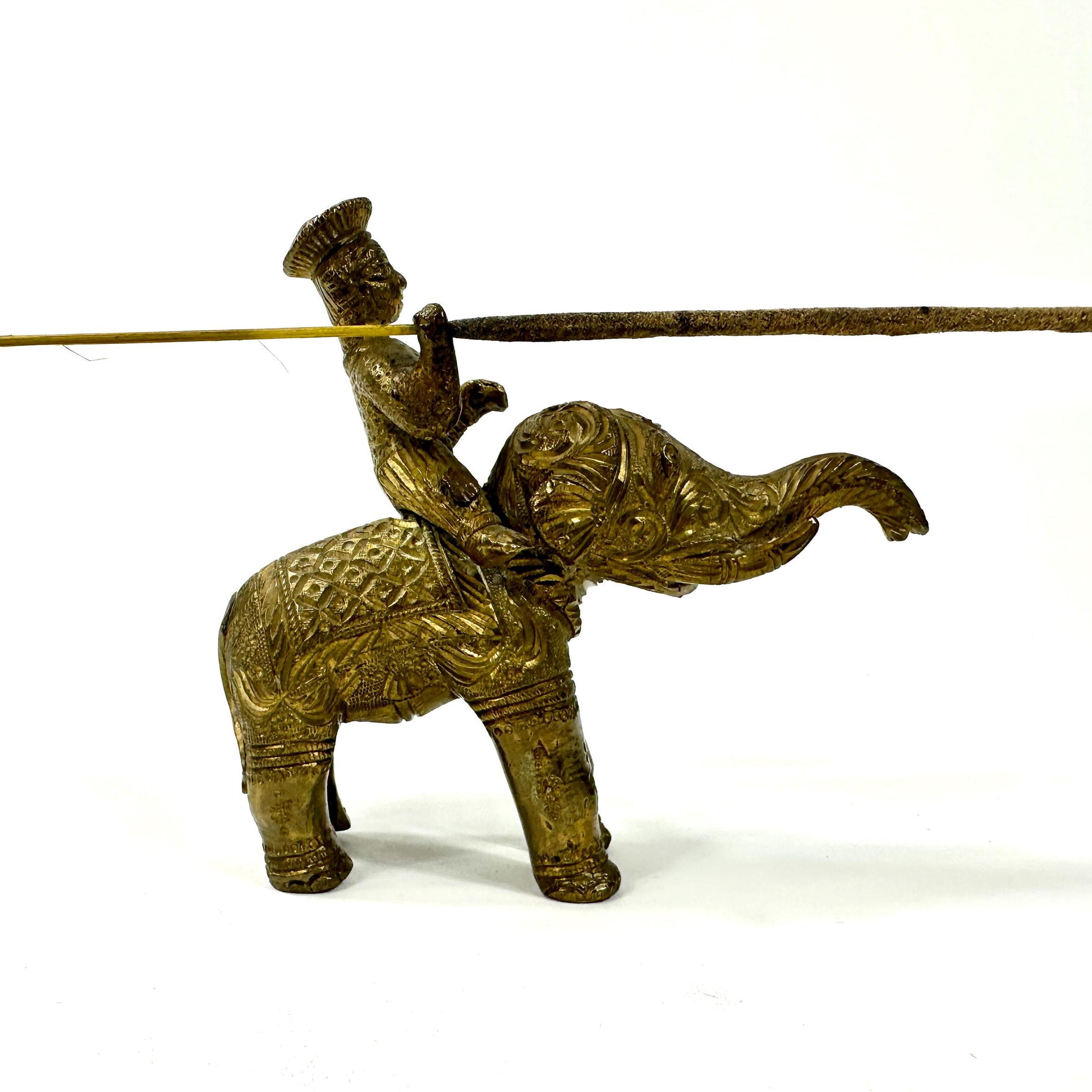 Vintage brass elephant incense burner with warrior rider holding spear, intricate Indian folk art detailing