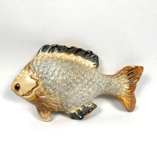 Vintage ceramic fish wall plaque with hand-glazed cream, green, and black glaze, 26cm sculptural pottery piece