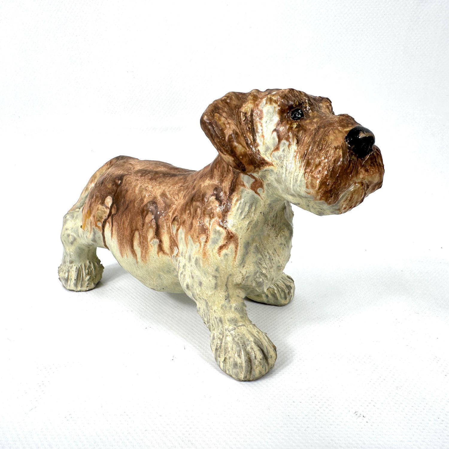 Vintage ceramic terrier figurine by JIE Sweden, brown and cream glaze, 1970s, full side view with alert posture