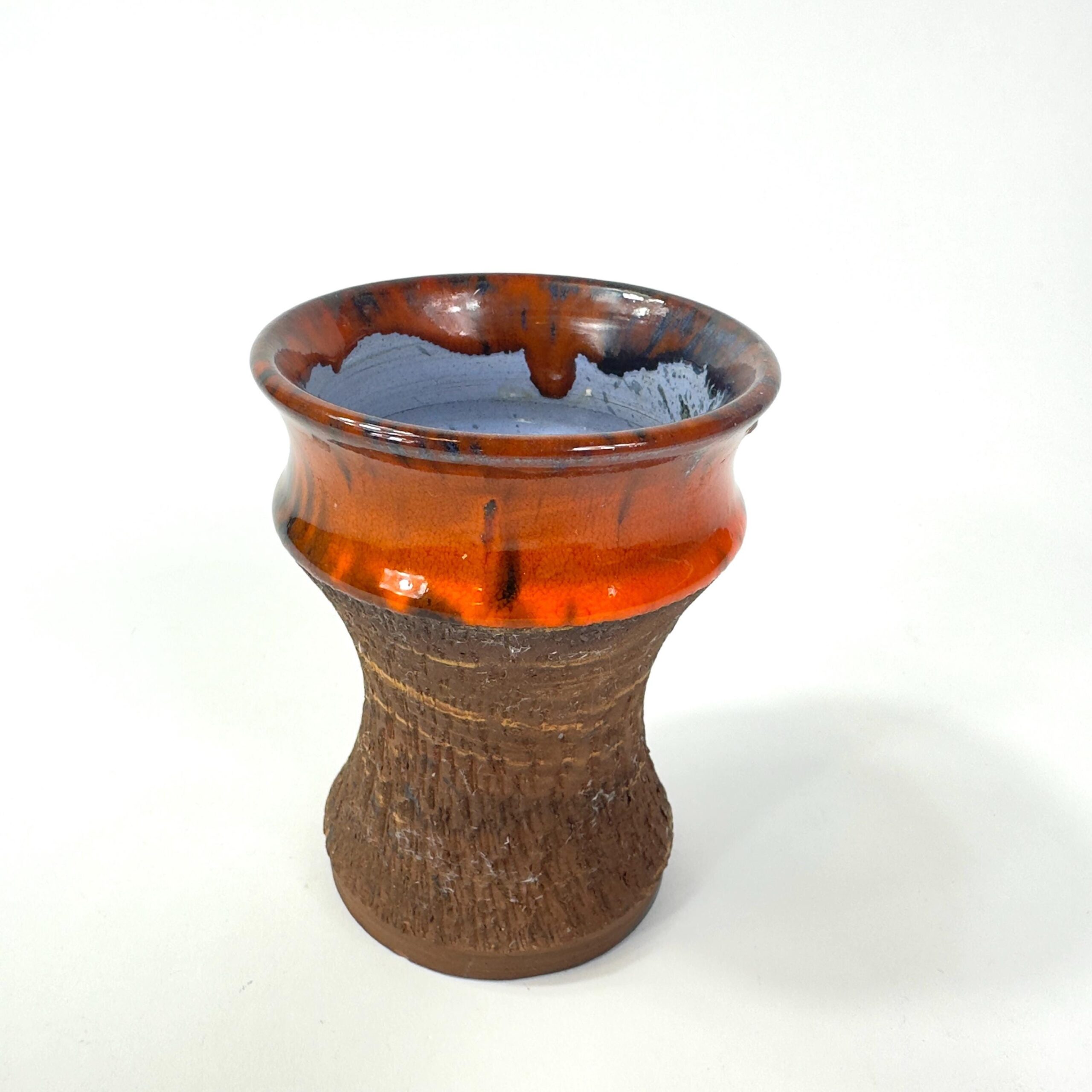 Vintage Danish pottery vase front view showing contrasting orange glaze band against matte brown stoneware body