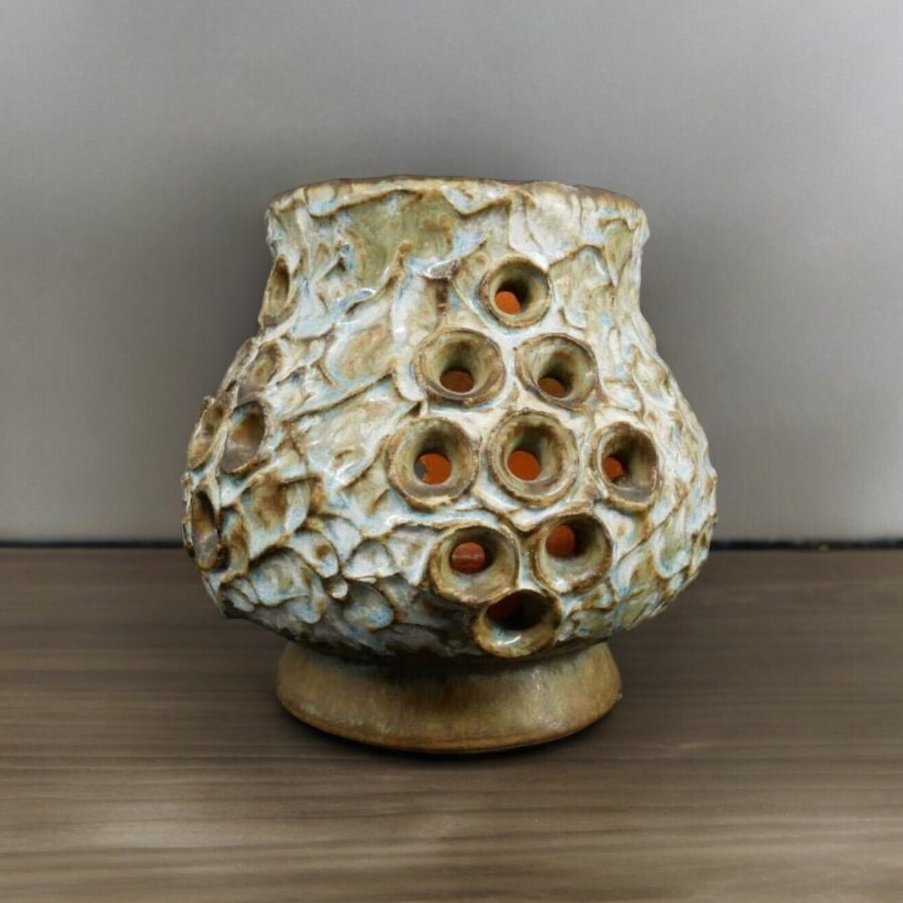 Vintage Ego Stengods ceramic vase by Bruno Karlsson, 1960s Swedish studio pottery with textured cream glaze and pierced circu
