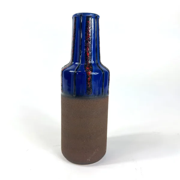 Vintage fat lava vase, West German 1970s, cobalt blue glaze over red-black texture, matte brown unglazed base