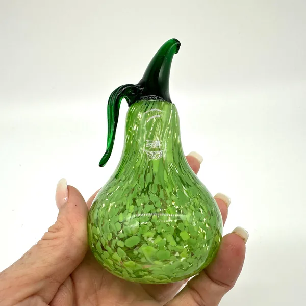 Kosta Boda Green Glass Pear with Leaf - Mid Century Art GlassGlass Sculptures & Figurines All Things Retro Store
