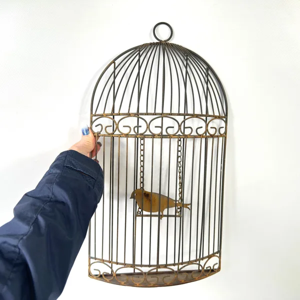 Vintage metal half birdcage wall decor, 41cm domed dome with aged brass patina and suspended brass bird silhouette