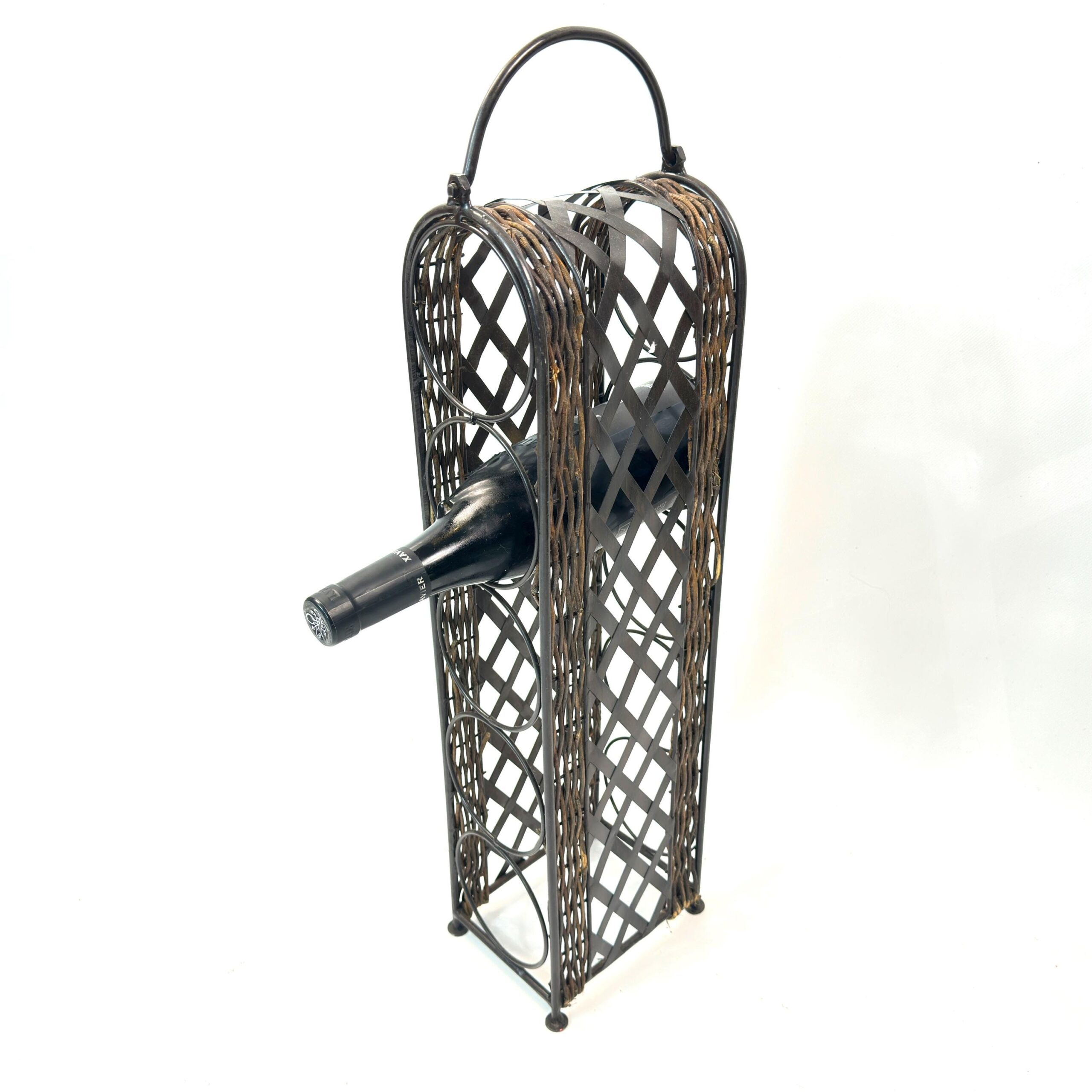 Wine bottle positioned in rack showing practical bottle cradle angle and how wicker-trimmed sides frame the stored bottle