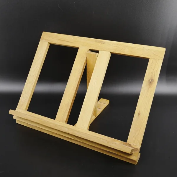 Wooden book holder resting position, dual frames partially open, base structure visible, natural wood tone and grain detailed