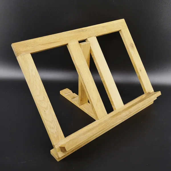 Wooden stand upright position, angled supports extended, base support leg visible, showing height and stability from side ang