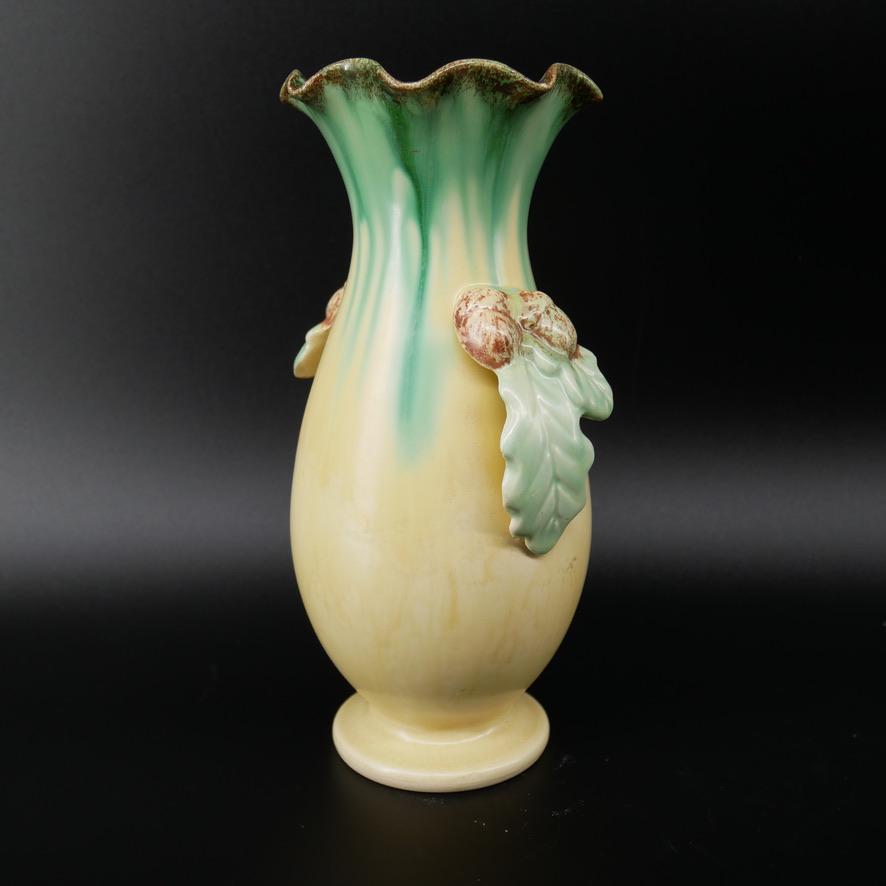 1930s Carstens Georgenthal Art Deco vase in cream and sage green with sculptural acorn handles, front view