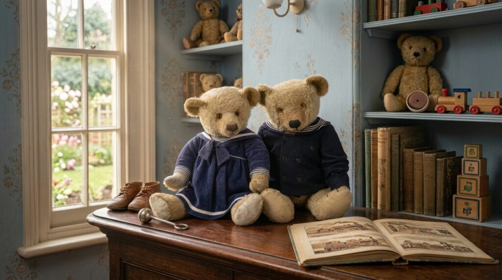Three vintage teddy bears displayed on a library window seat with open books and warm natural light streaming through panes