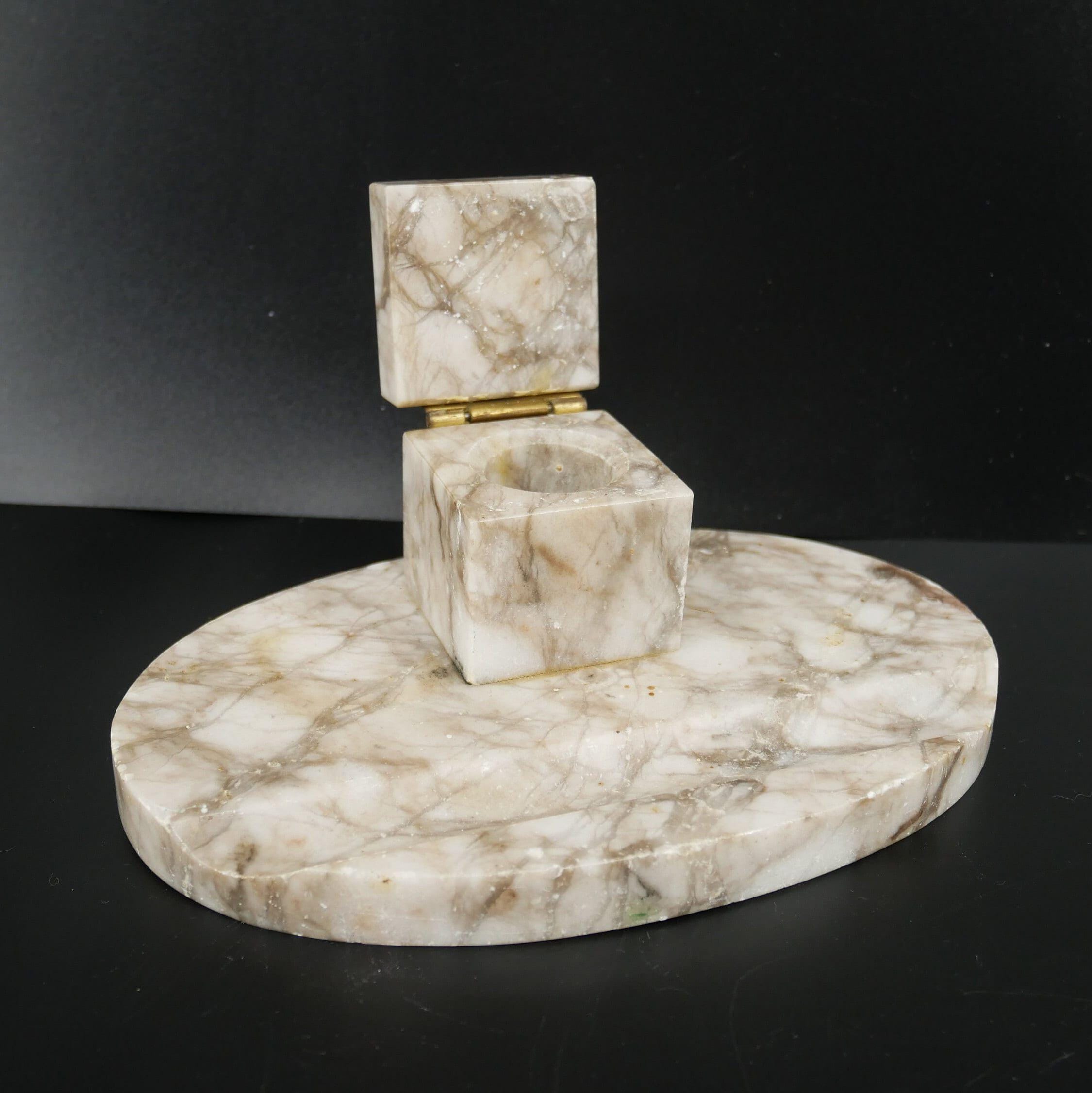 Art Deco alabaster marble inkwell set with lidded vessel, brass hinge, and integrated pen tray, 1940s