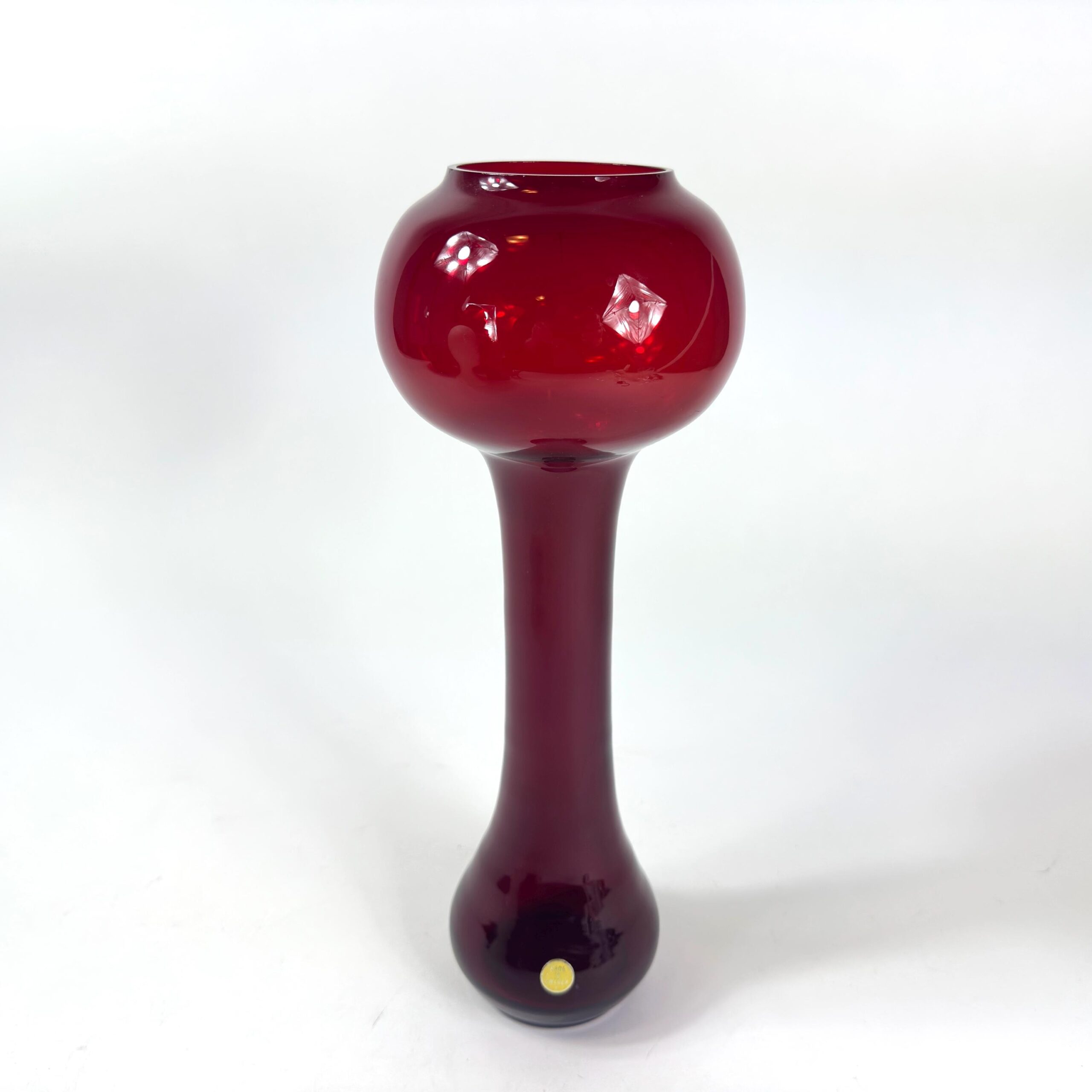 Åseda vase standing profile with visible foil maker's label at base, ruby red cased glass Swedish design 1960s