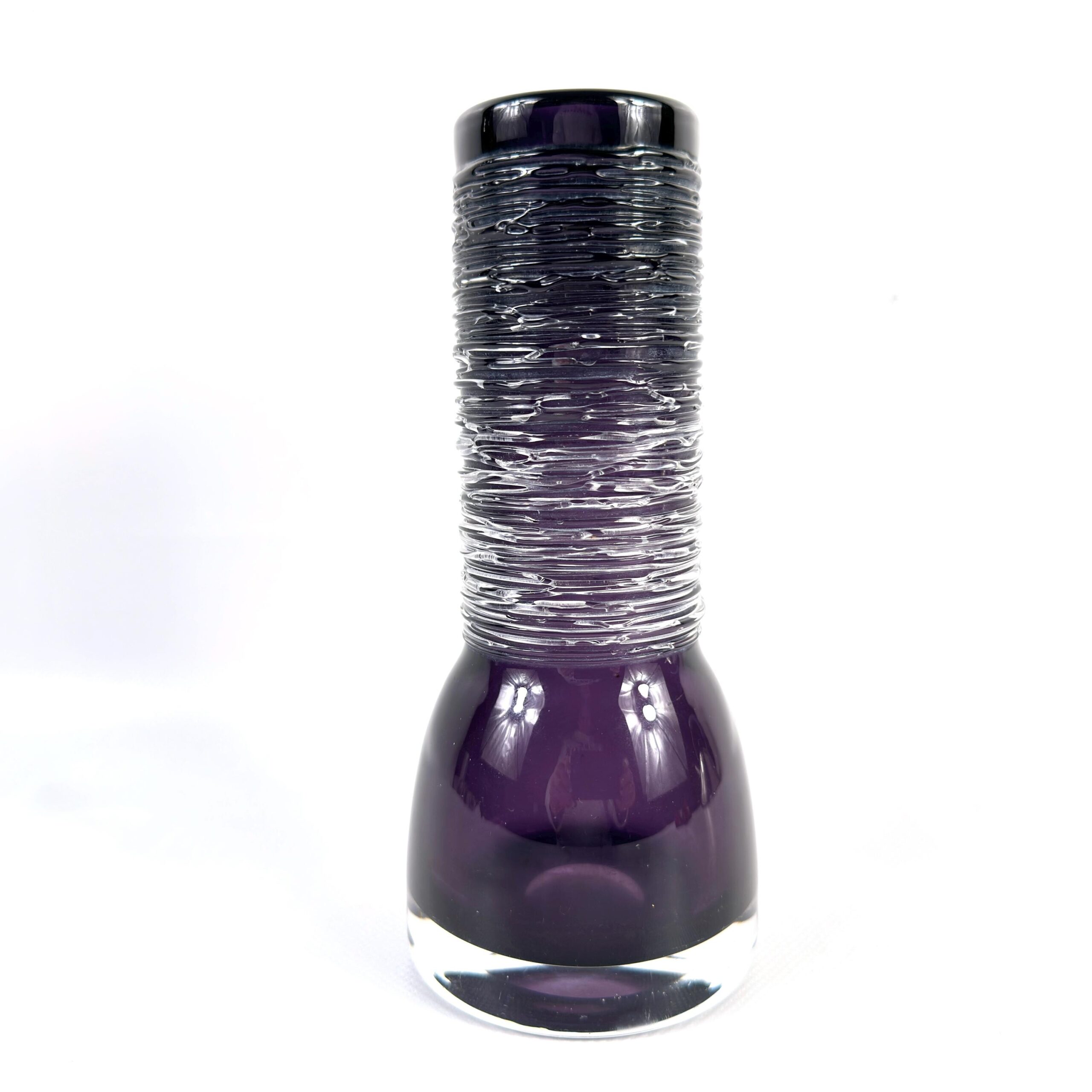Bengt Edenfalk purple art glass vase, 1960s Skruf Sweden, featuring hand-blown amethyst bowl with clear spun thread wrapping 