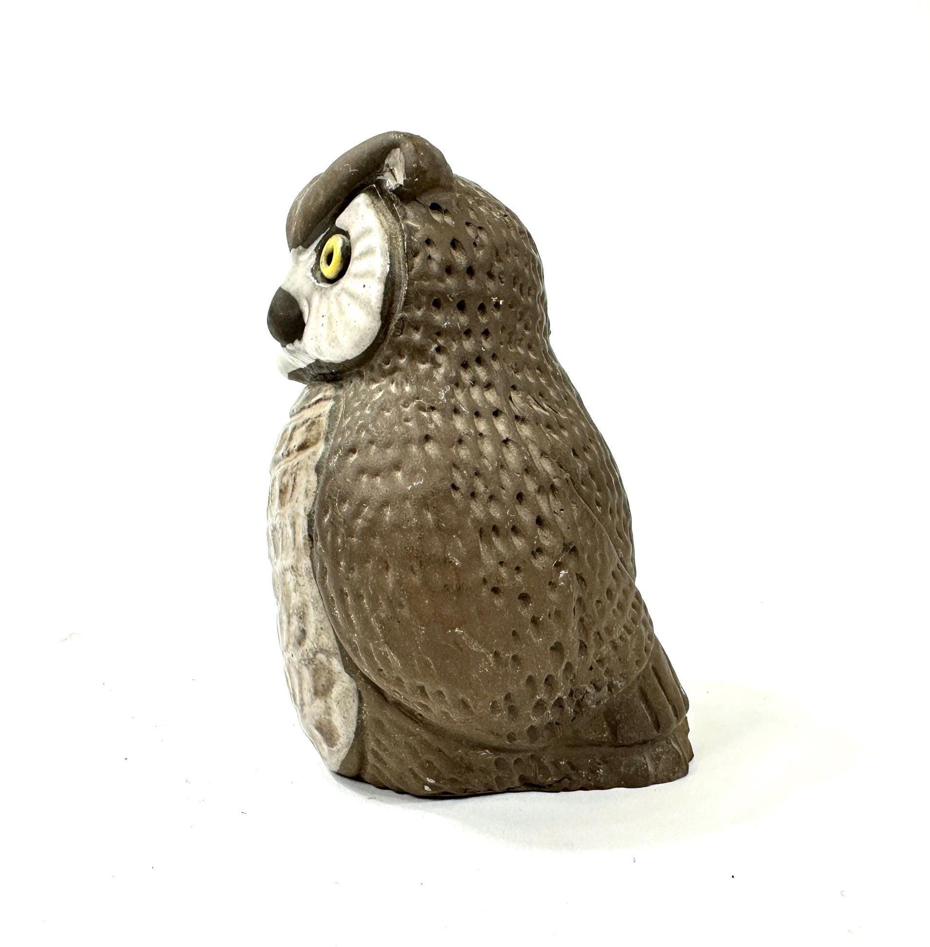 Ceramic owl rear profile, showing textured back feathering, narrow body shape, head silhouette from behind