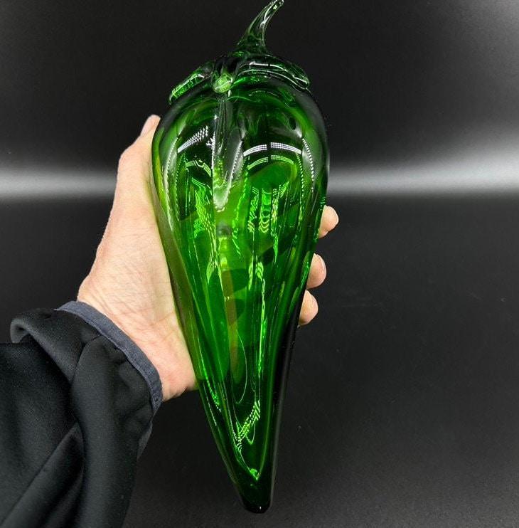 Hand-held emerald green hand-blown glass pepper with sculpted leaf, Scandinavian art glass