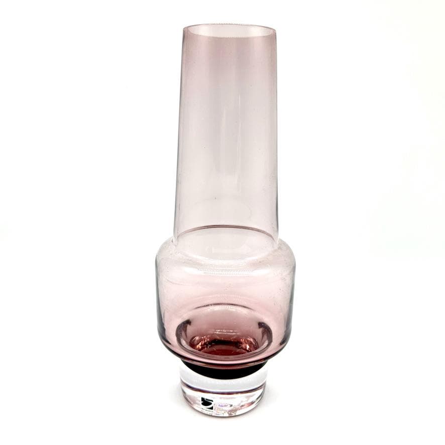 Inge Samuelsson SEA Glasbruk purple rocket vase with tapered neck, smoky amethyst body, and clear pedestal base