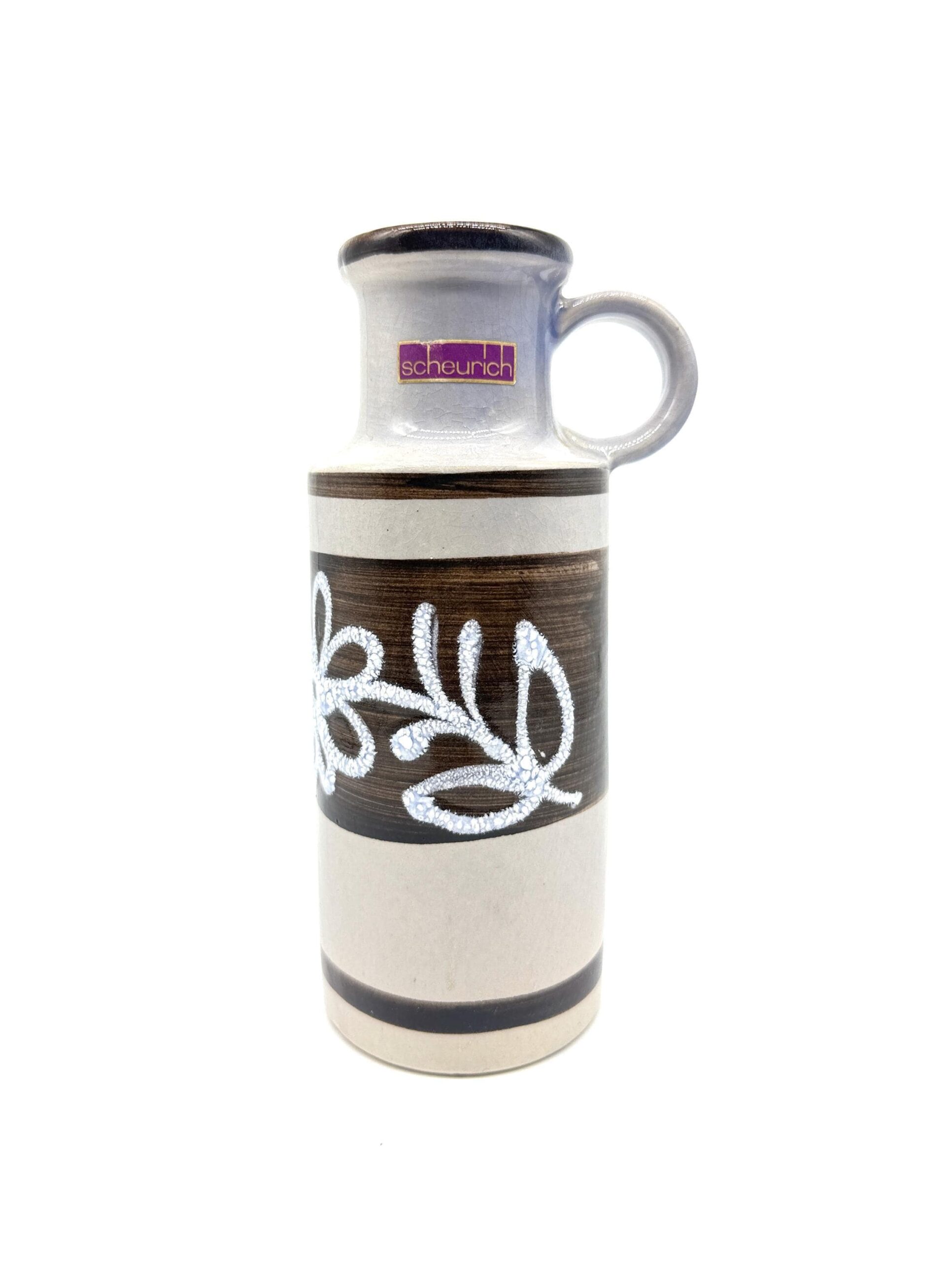 Scheurich fat lava vase, 1970s West German ceramic with beige glaze, dark brown band, white looped floral motifs